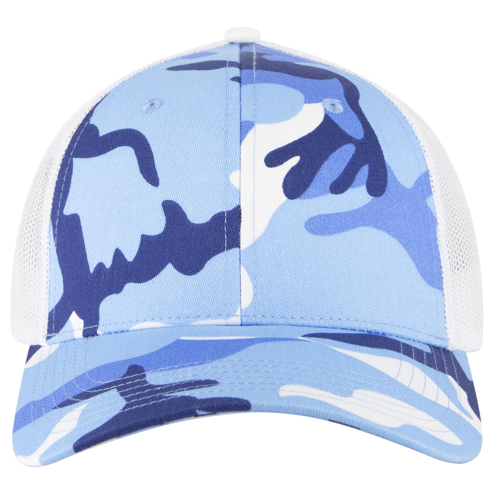 Front View of 9710416 - Aqu/Lk.Blu/Wht OTTO CAP Camouflage 6 Panel Low Profile Mesh Back Trucker Hat