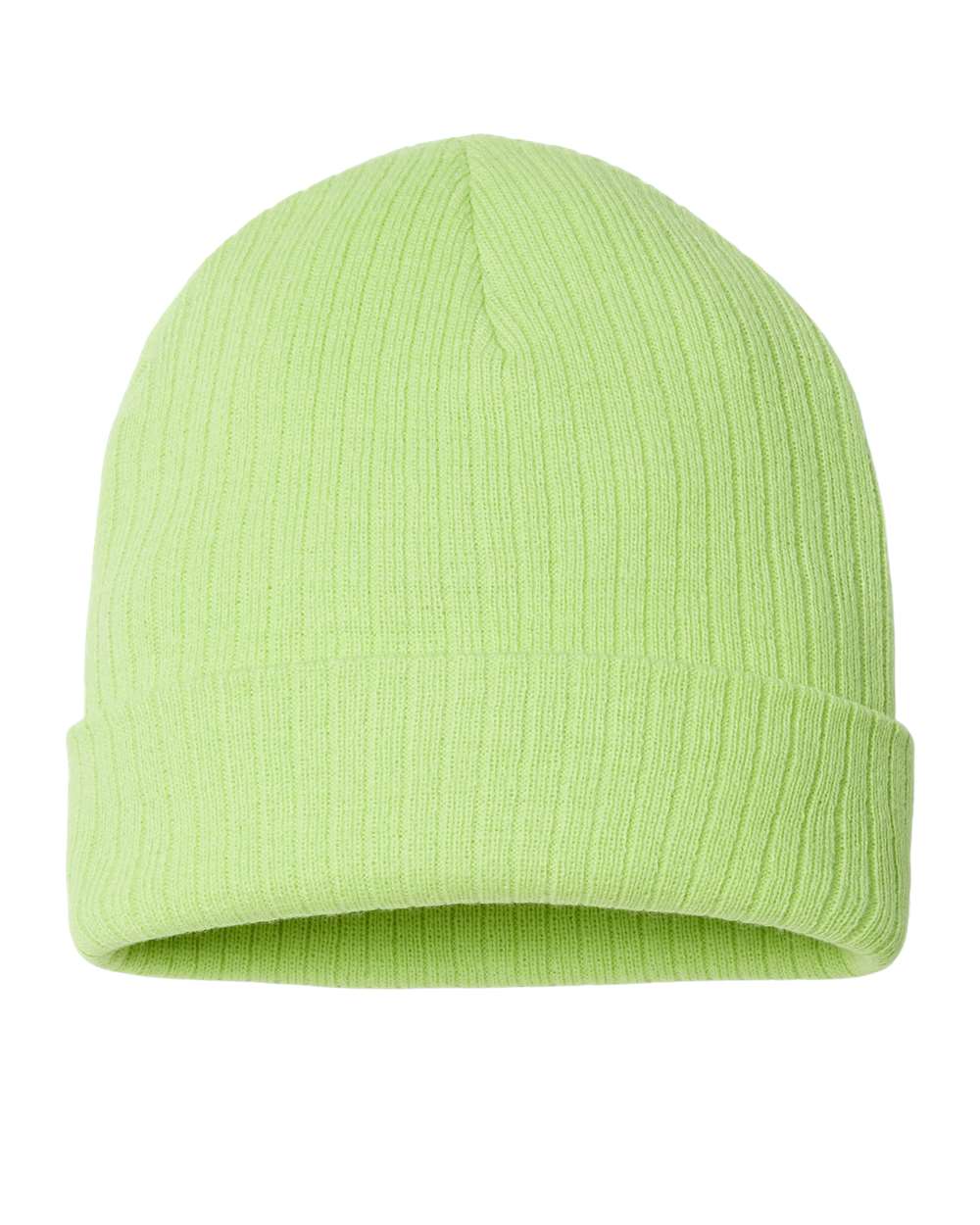 Front View of Acid Green Sustainable Rib Cuffed Beanie - RIO