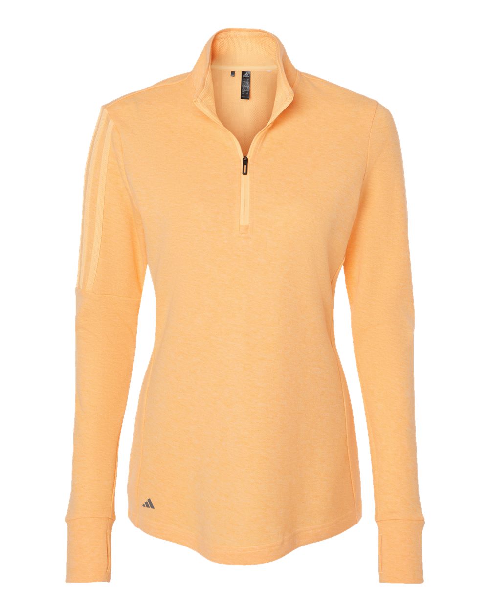 Front View of Acid Orange Melange Women's 3-Stripes Quarter-Zip Sweater - A555