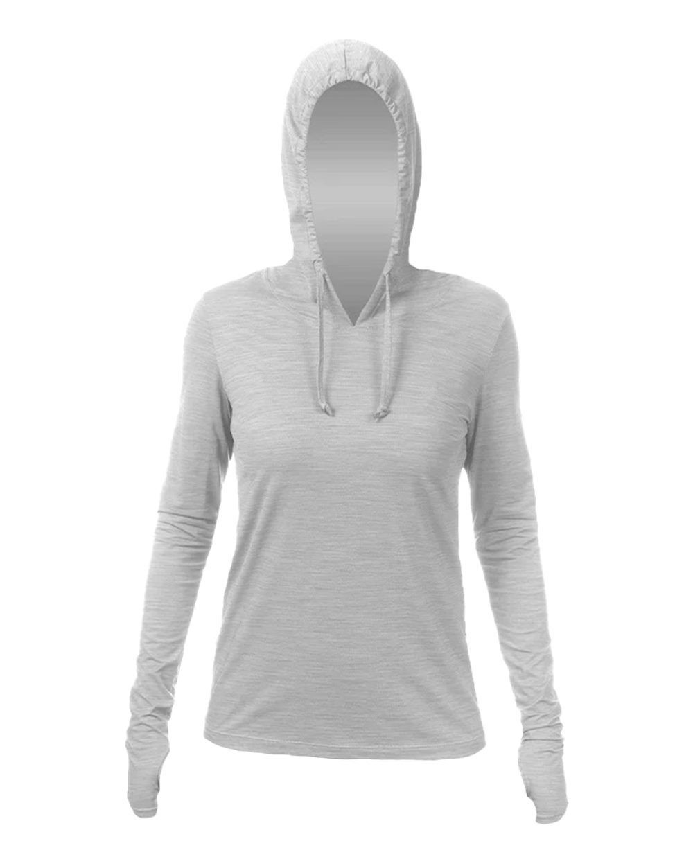 Front View of Alloy Heathered Women's Breeze Tech Hooded Long Sleeve T-Shirt - WSBRZH0