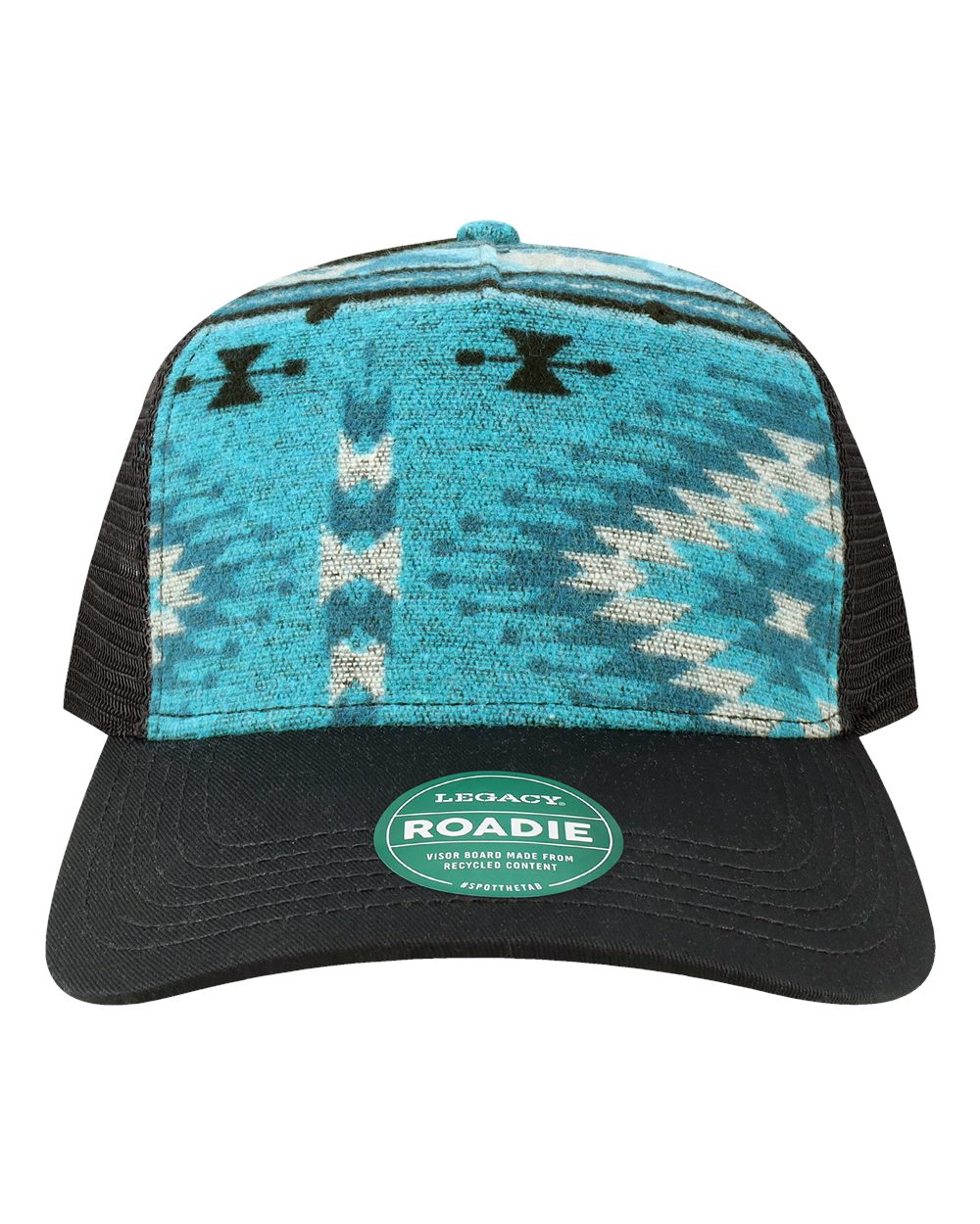 Front View of Aqua Aztec/ Black Five-Panel Trucker Cap - ROADIE