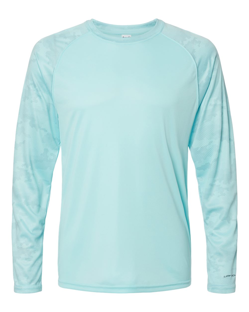 Front View of Aqua Blue Cayman Performance Camo Colorblocked Long Sleeve T-Shirt - 216