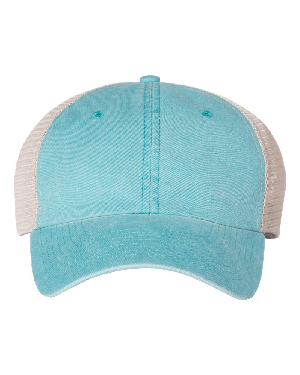 Front View of Aqua/ Stone Pigment-Dyed Trucker Cap - SP510