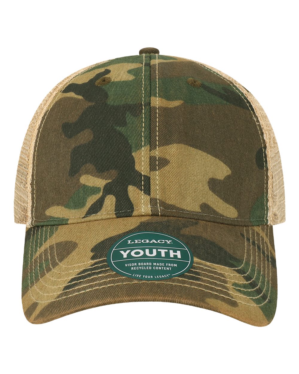 Front View of Army Camo/ Khaki Youth Old Favorite Trucker Cap - OFAY
