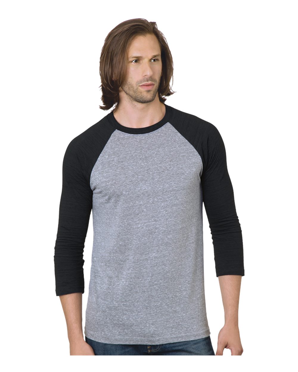Front View of Athletic Grey/ Black Triblend Three-Quarter Sleeve Raglan T-Shirt - 9525