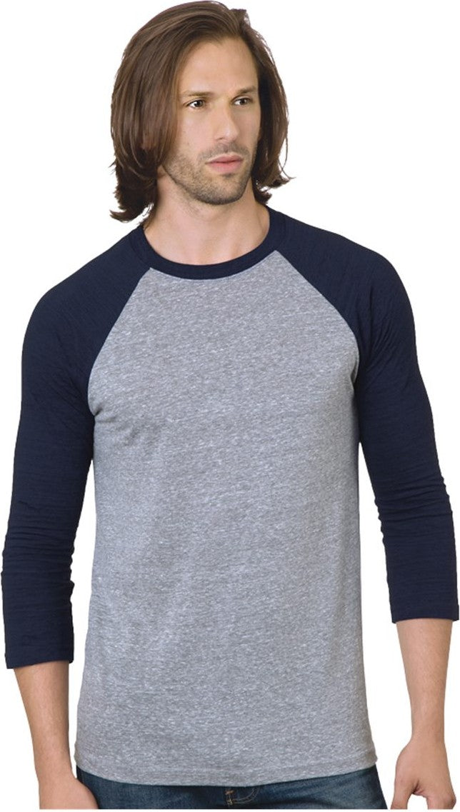 Front View of Athletic Grey/ Navy Triblend Three-Quarter Sleeve Raglan T-Shirt - 9525