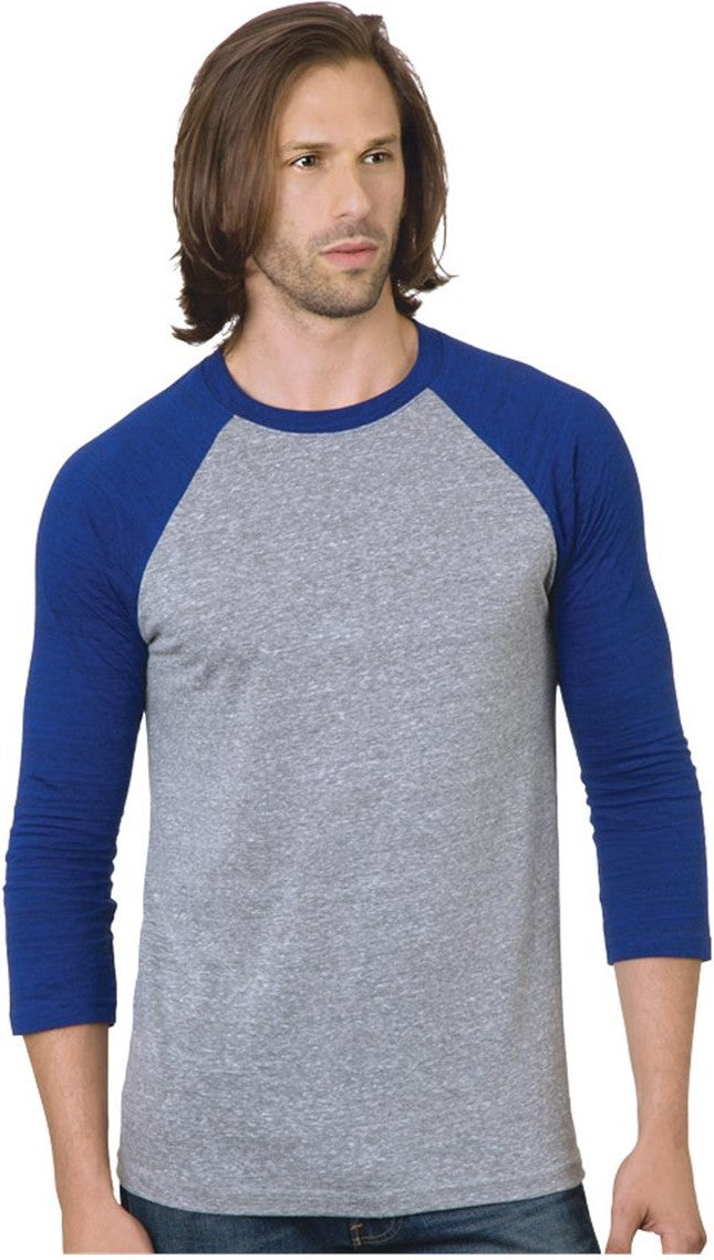 Front View of Athletic Grey/ Royal Triblend Three-Quarter Sleeve Raglan T-Shirt - 9525