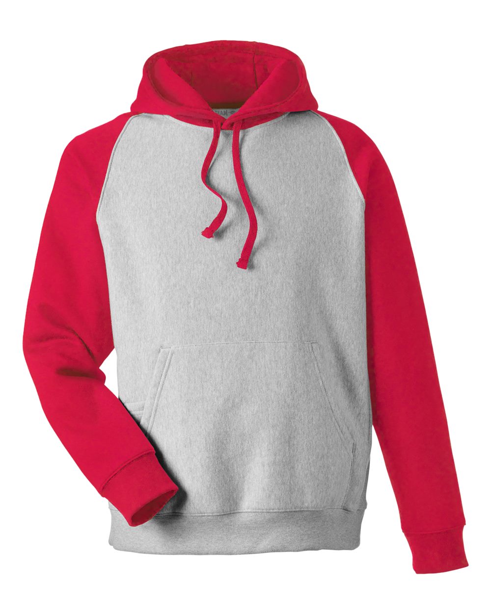Front View of Athletic Heather/ Sport Red Unisex Zone HydroSport™ Heavyweight Colorblock Hooded Sweatshirt - TT96CB