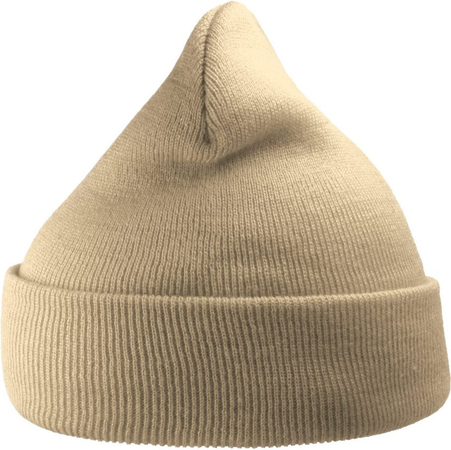 Front View of Beige Sustainable 12" Knit Beanie - WIND