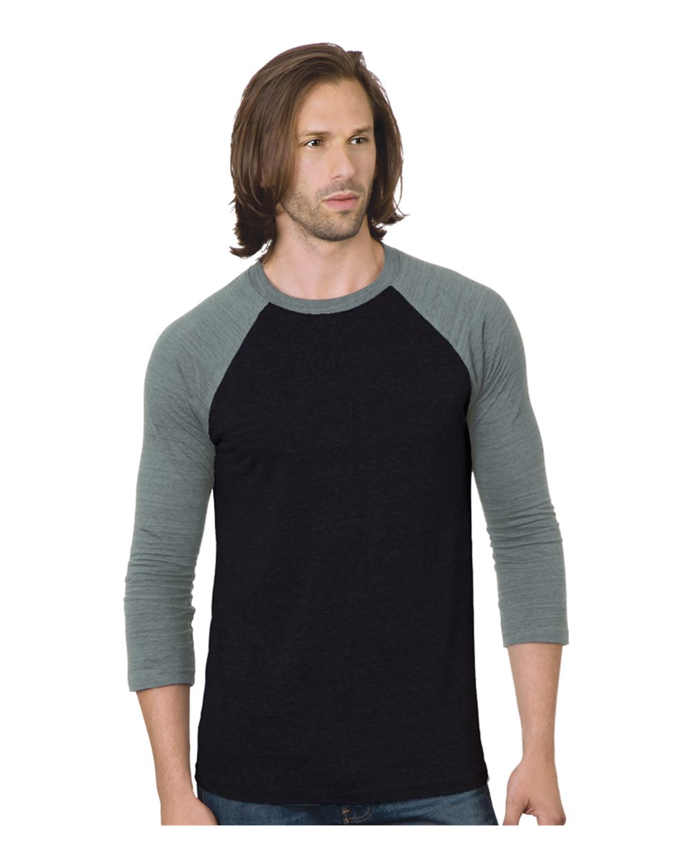 Front View of Black/ Athletic Grey Triblend Three-Quarter Sleeve Raglan T-Shirt - 9525