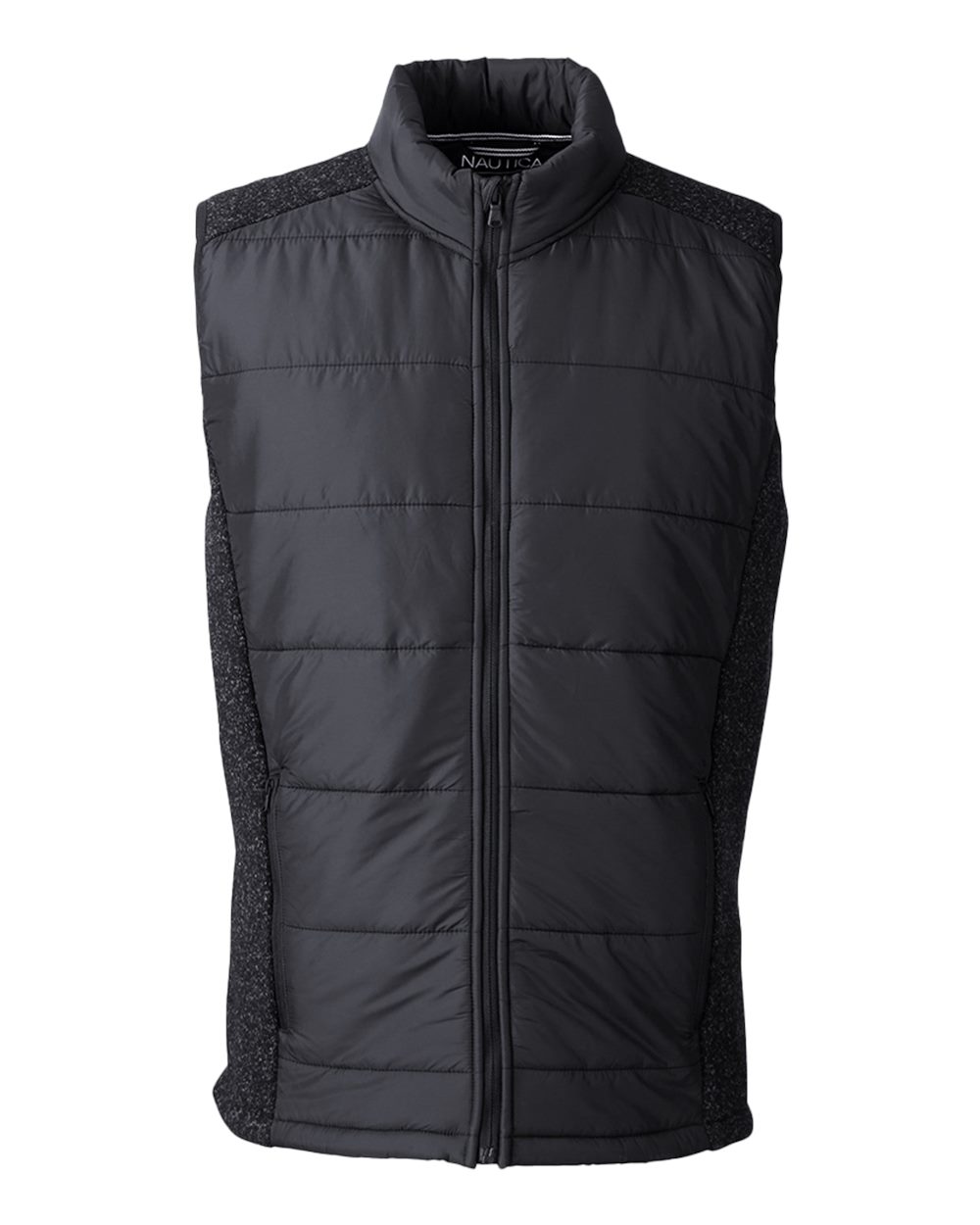 Front View of Black/ Black Heather Harbor Puffer Vest - N17946