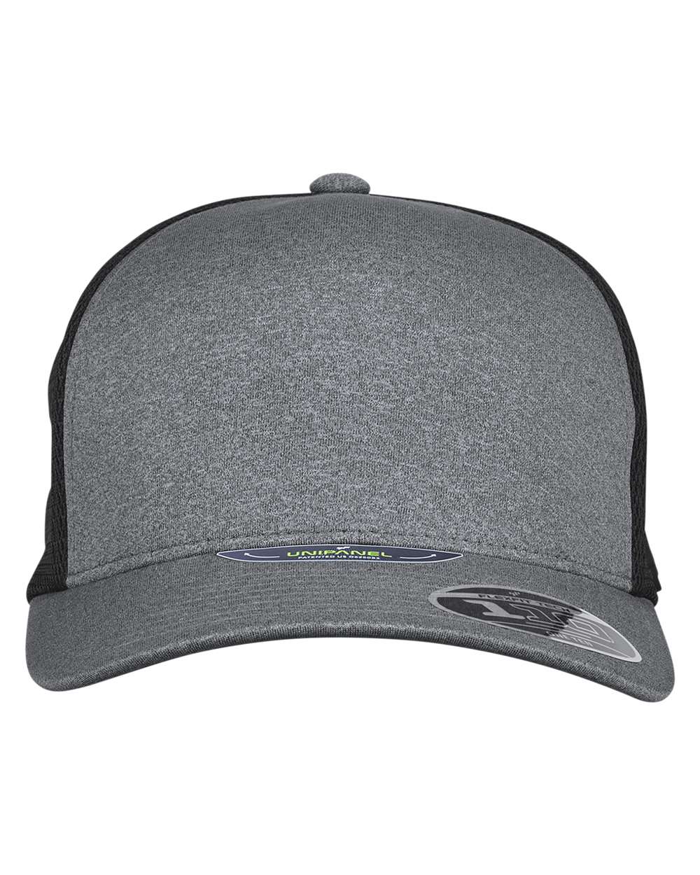Front View of Black/ Black Heather Radykl Flexfit Trucker Cap - S18035