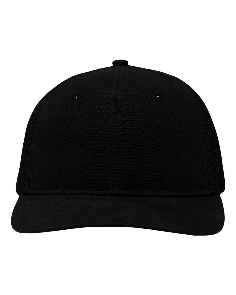 Front View of Black/ Black Modern Six-Panel Trucker Fit Cap - SP1650