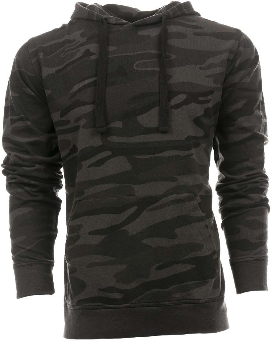 Front View of Black Camo/ Black Enzyme-Washed French Terry Hooded Sweatshirt - 8605