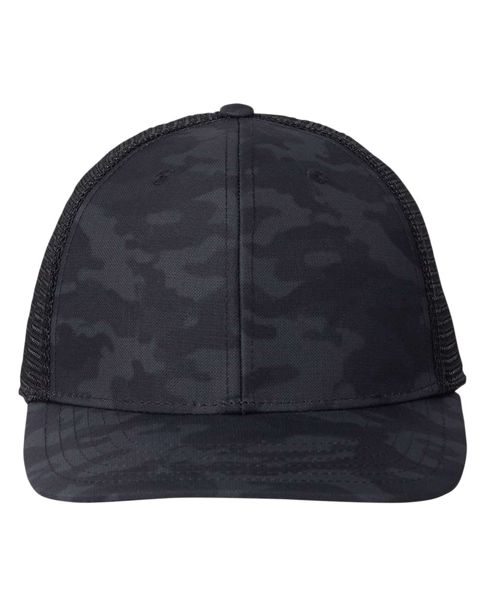 Front View of Black Camo/ Black Performance Trucker Cap - F001779