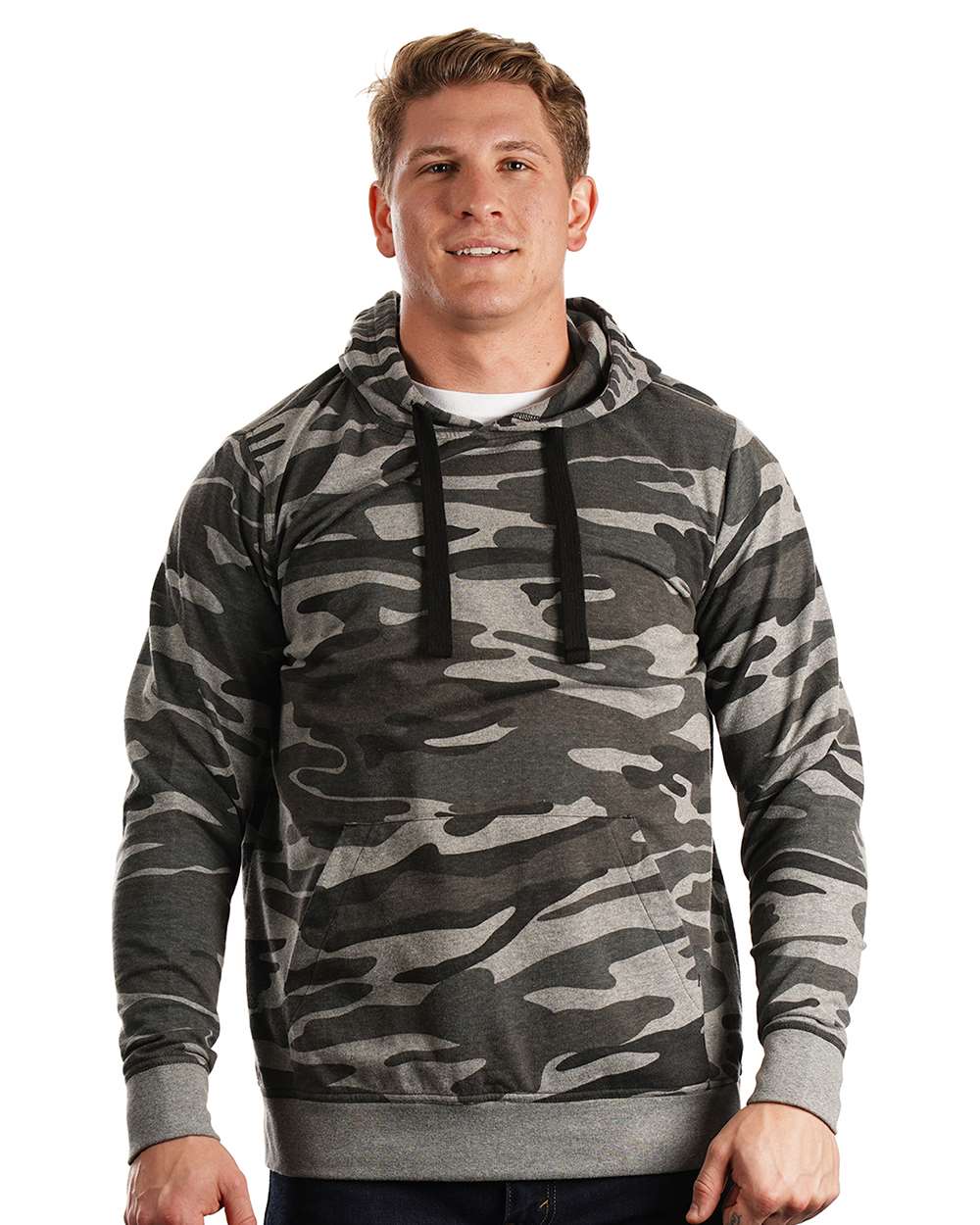 Front View of Black Camo Enzyme-Washed French Terry Hooded Sweatshirt - 8605