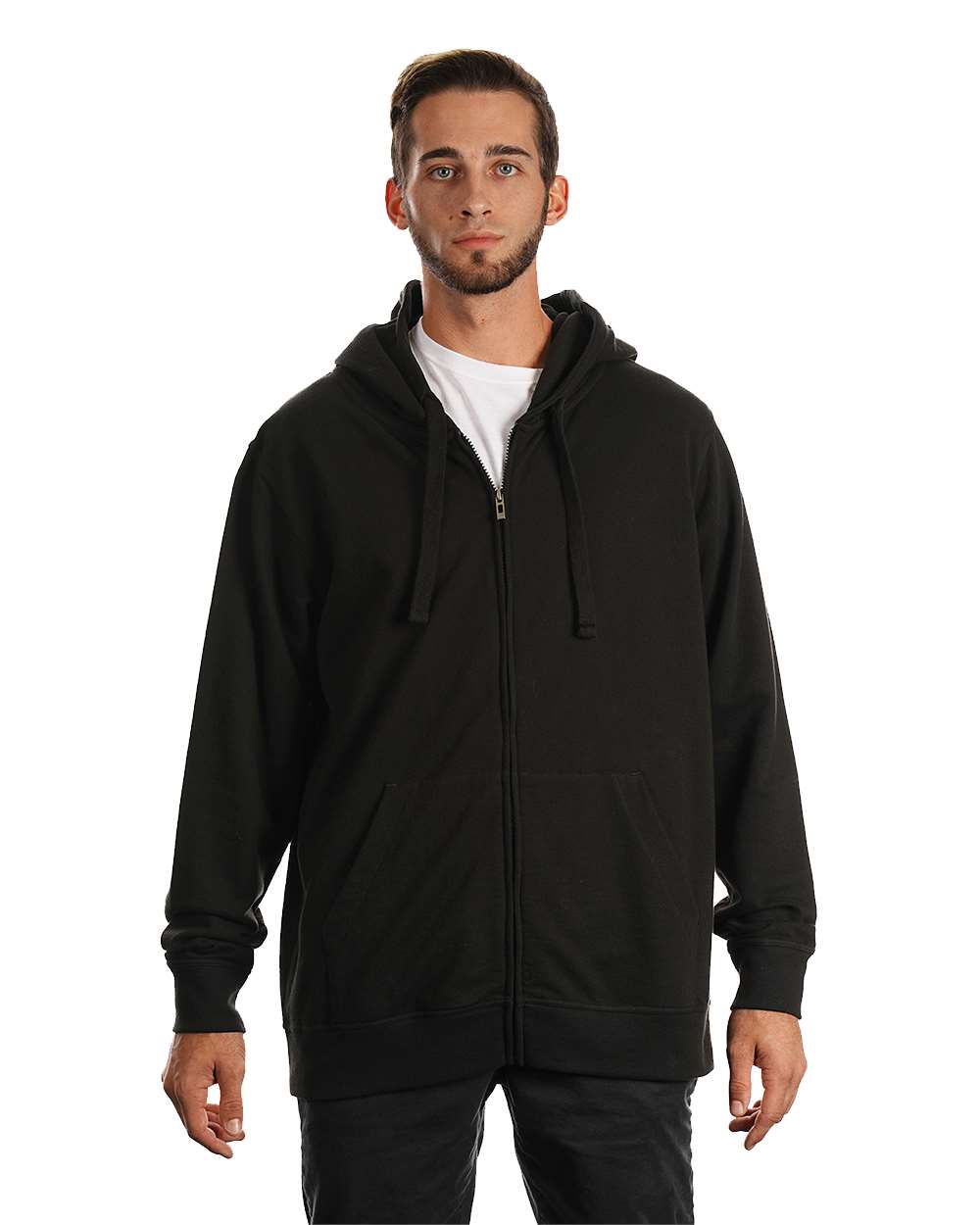 Front View of Black Camo Full-Zip Hooded Sweatshirt - 8615