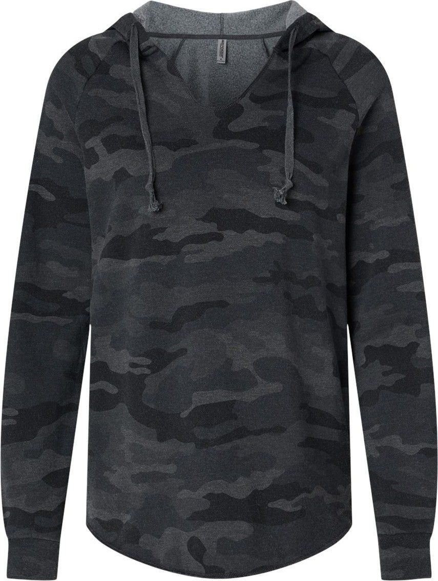Front View of Black Camo Heather Women’s Lightweight California Wave Wash Hooded Sweatshirt - PRM2500
