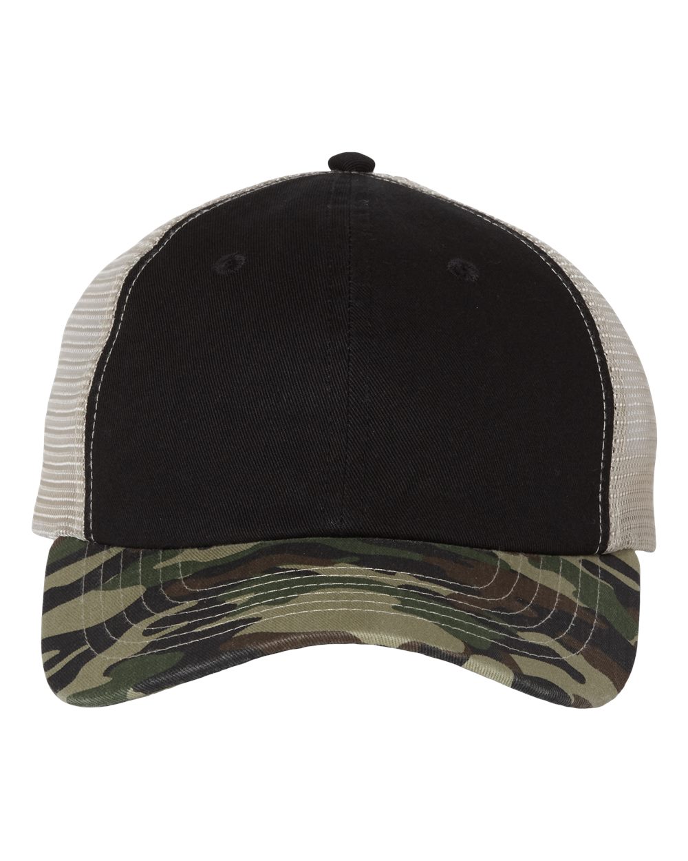 Front View of Black/ Camo/ Stone Contrast-Stitch Mesh-Back Cap - 3100