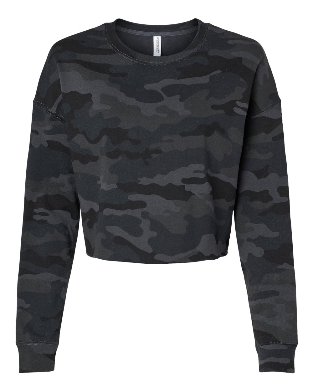 Front View of Black Camo Women's Lightweight Crop Crewneck Sweatshirt - AFX24CRP