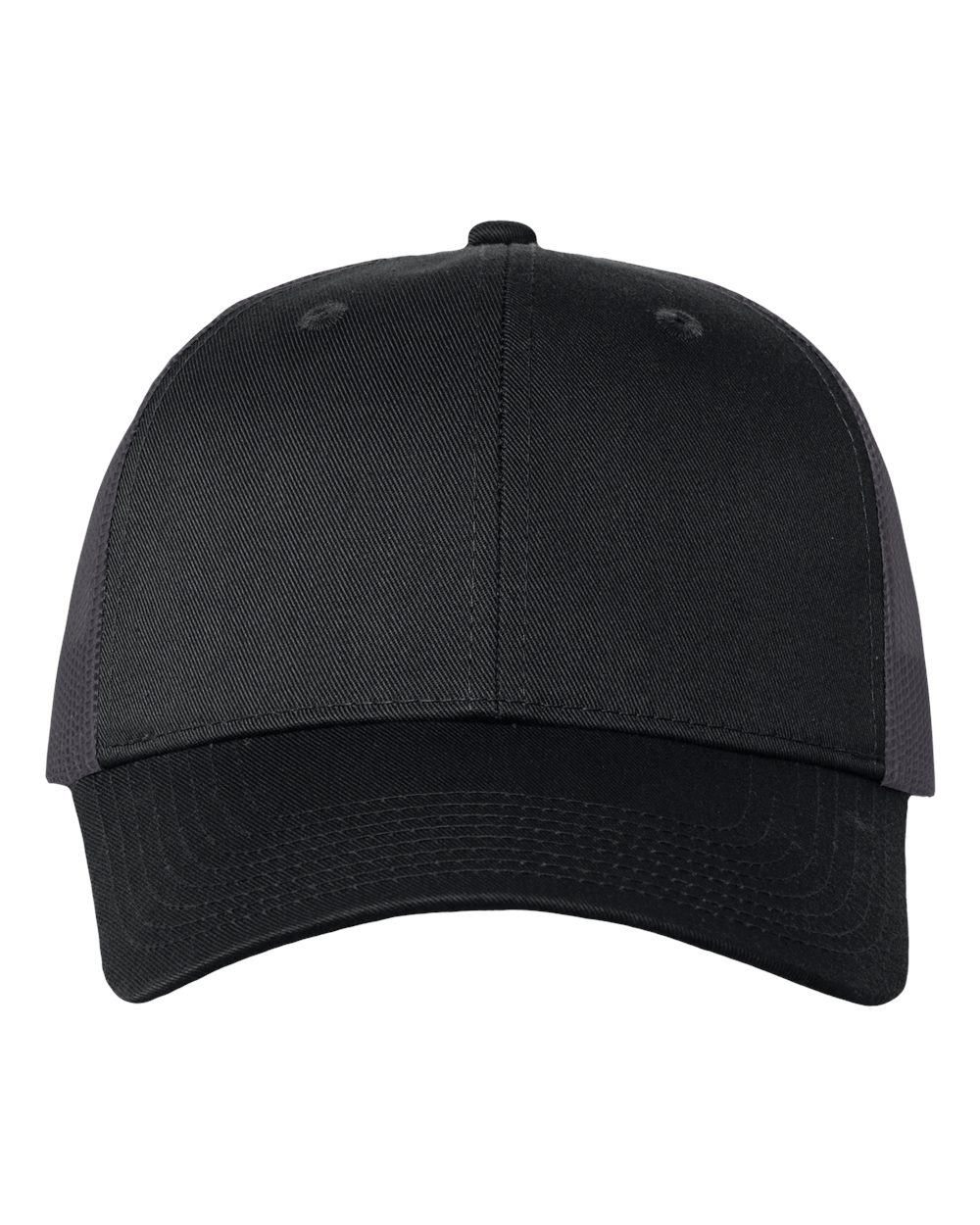 Front View of Black/ Charcoal Mesh-Back Twill Trucker Cap - VC400
