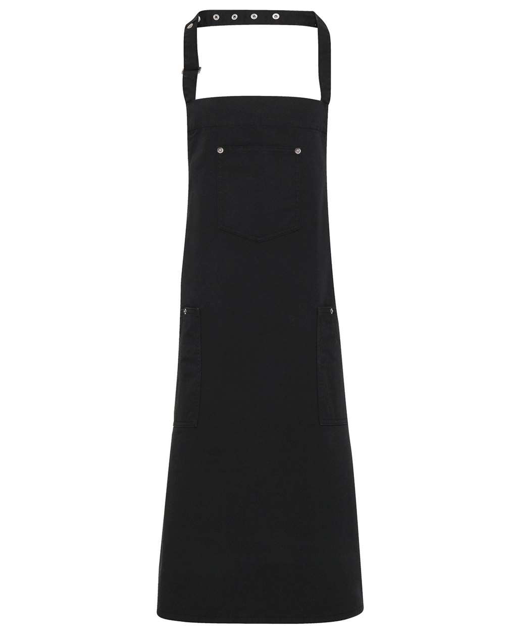 Front View of Black Cotton Chino Bib Apron with Pocket - RP132
