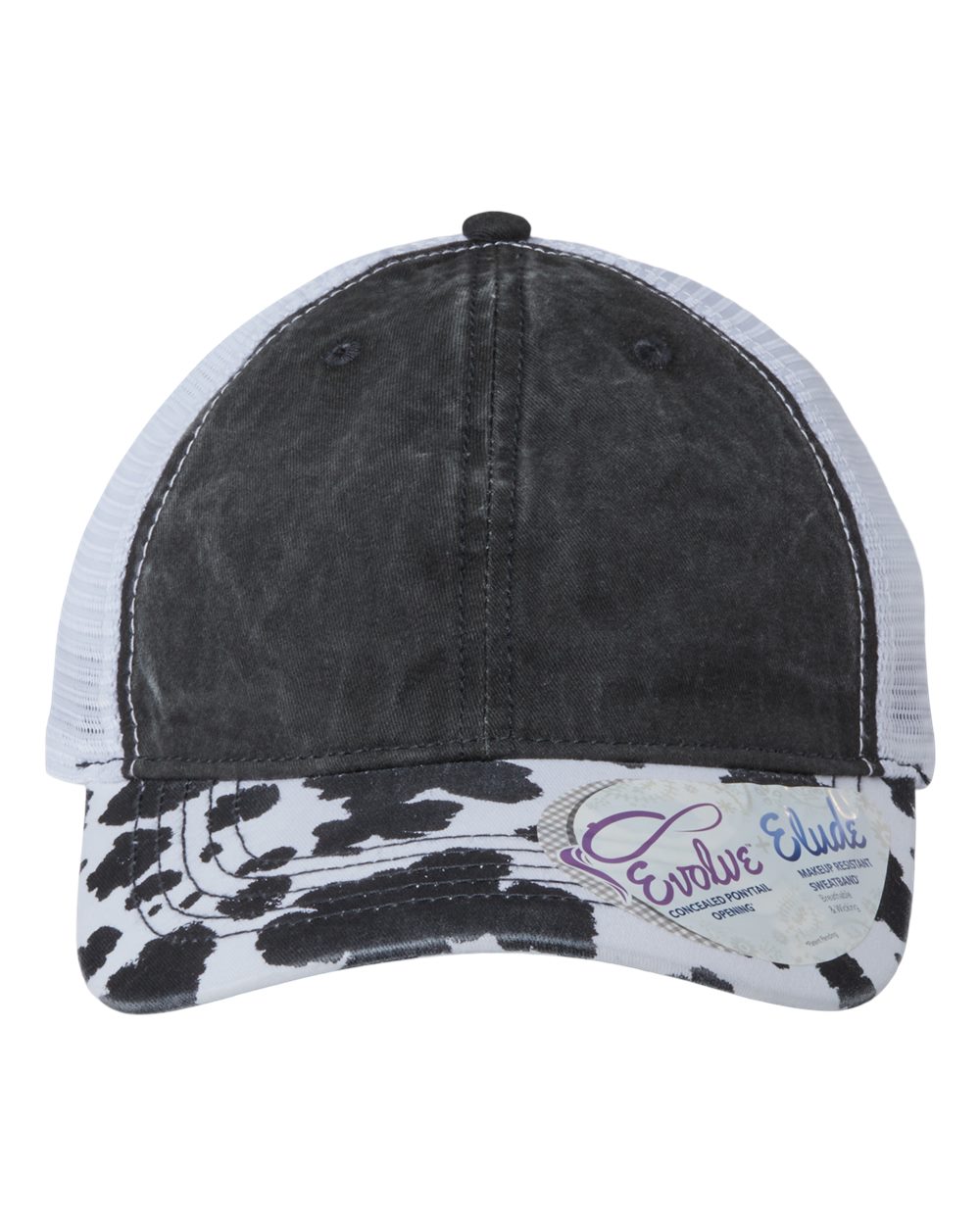 Front View of Black/ Cow/ White Women's Printed Bill with Mesh Back Cap - JANET