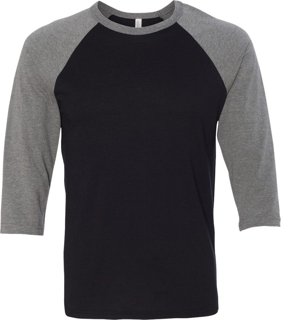 Front View of Black/ Deep Heather Three-Quarter Sleeve Baseball Tee - 3200