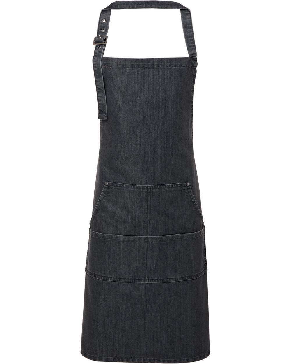 Front View of Black Denim Jeans Stitch Denim Bib Apron with Pockets - RP126