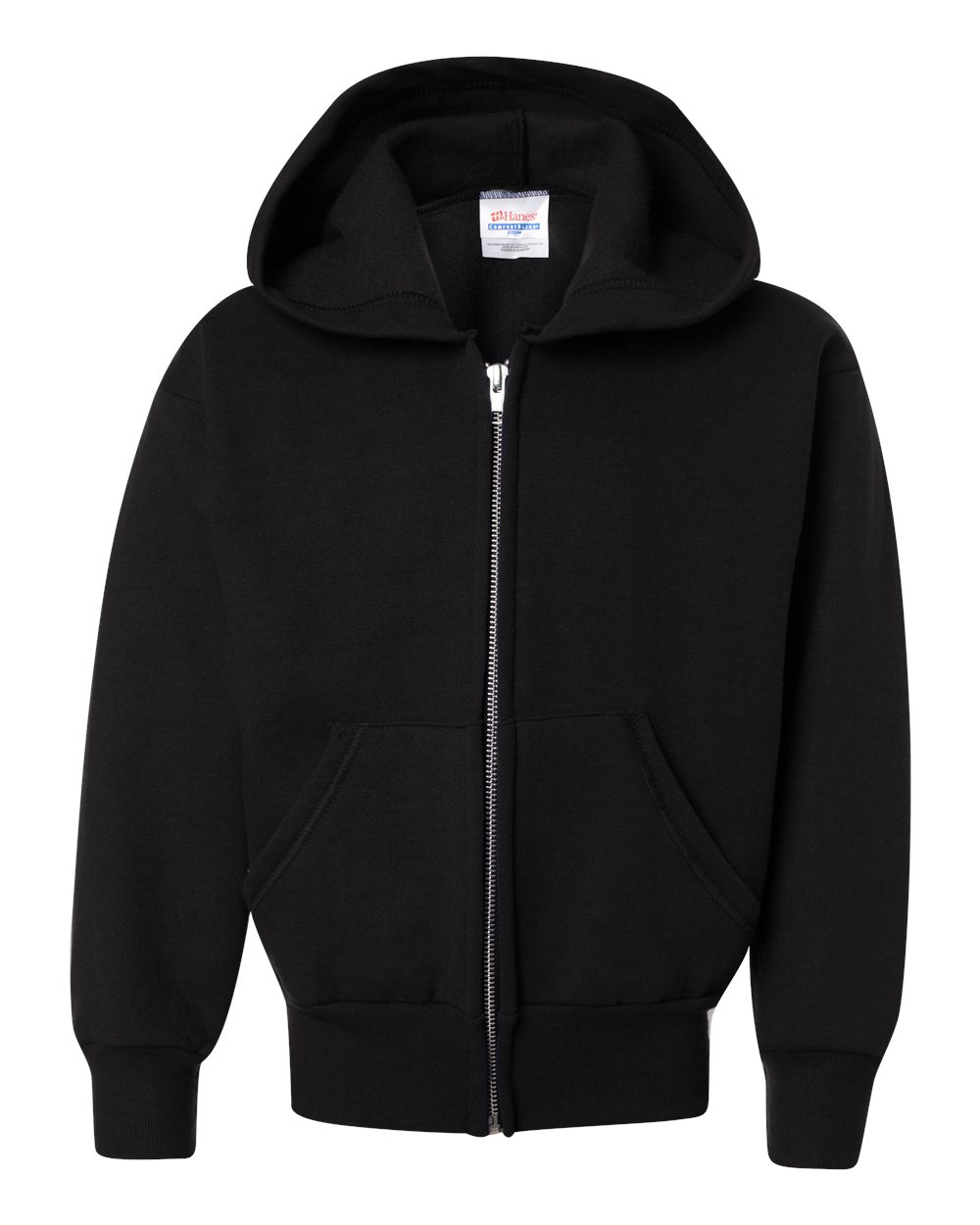 Front View of Black EcoSmart® Youth Full-Zip Hooded Sweatshirt - P480