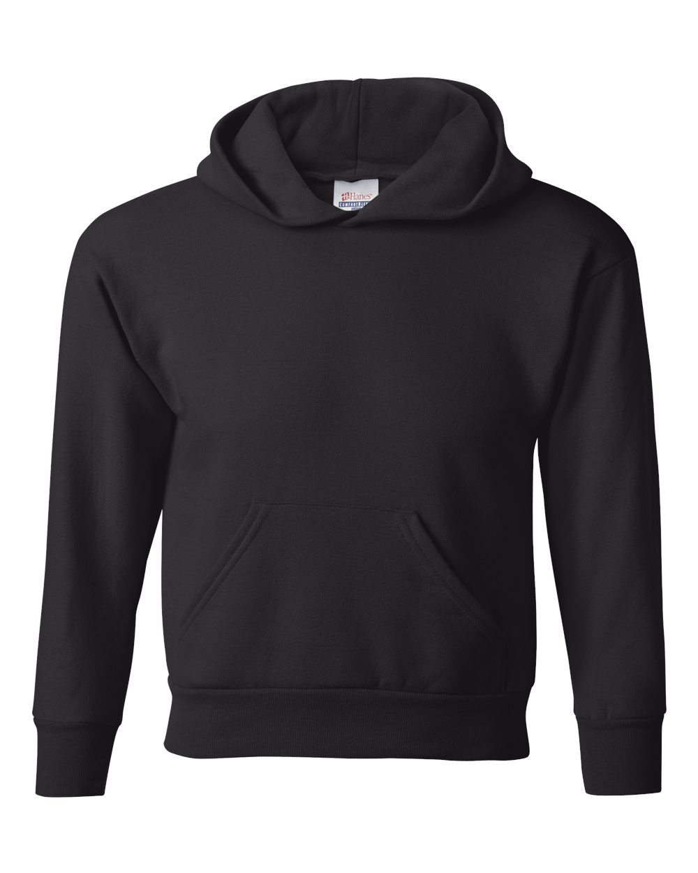 Front View of Black Ecosmart® Youth Hooded Sweatshirt - P473