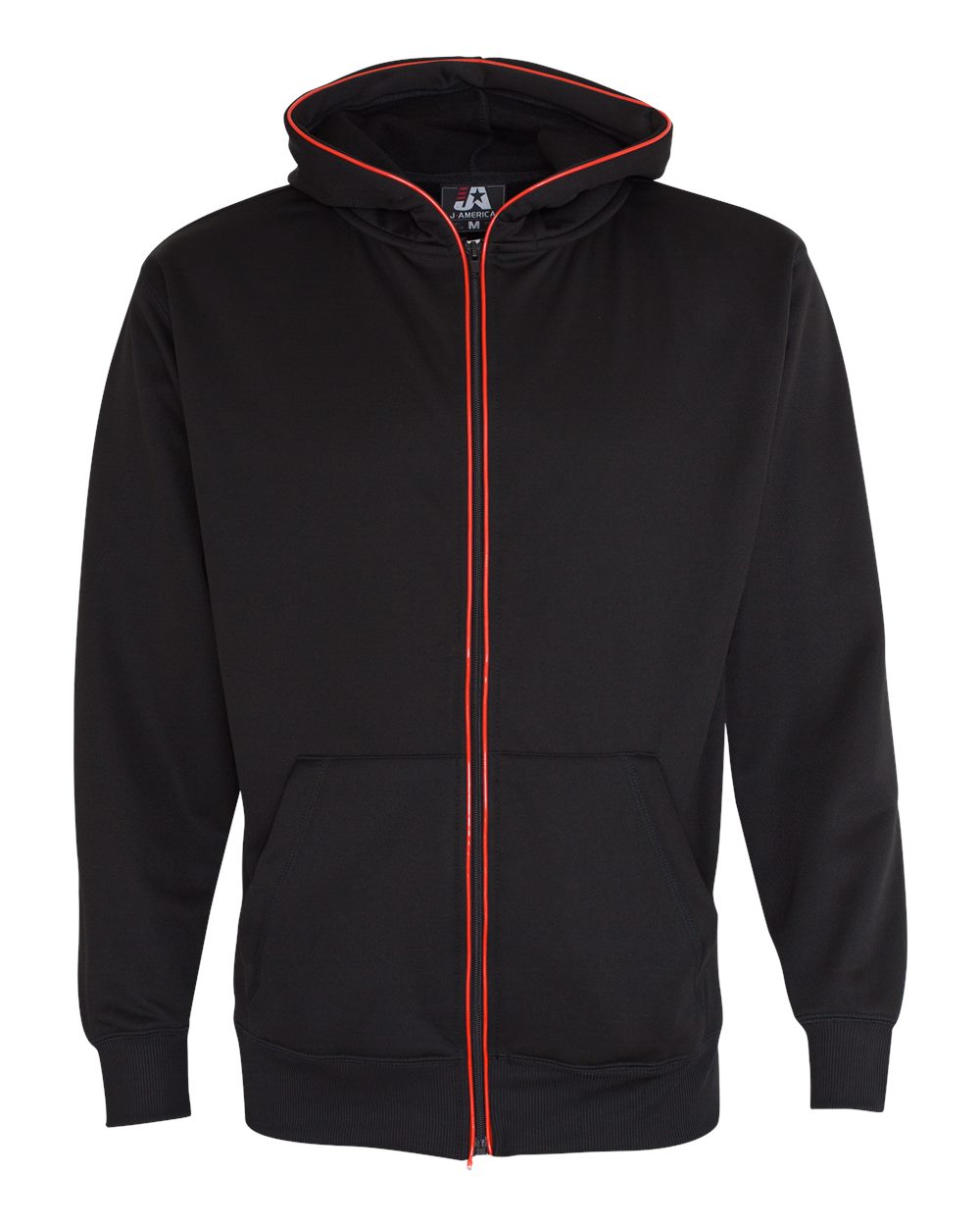 Front View of Black/ Electric Red Glow Full-Zip Hooded Sweatshirt - 8668