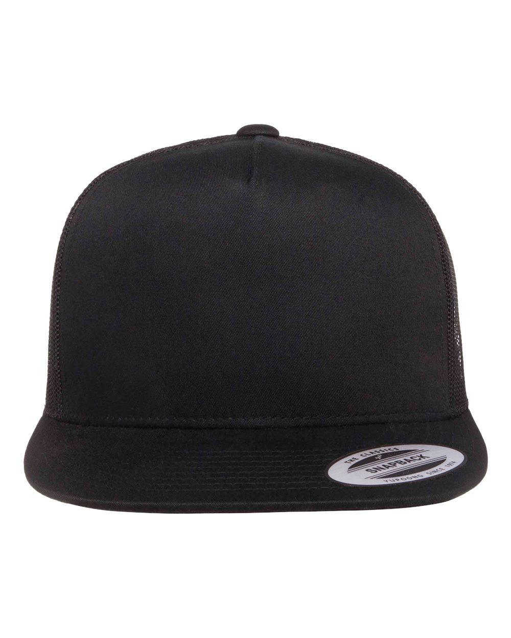 Front View of Black Five-Panel Classic Trucker Cap - 6006