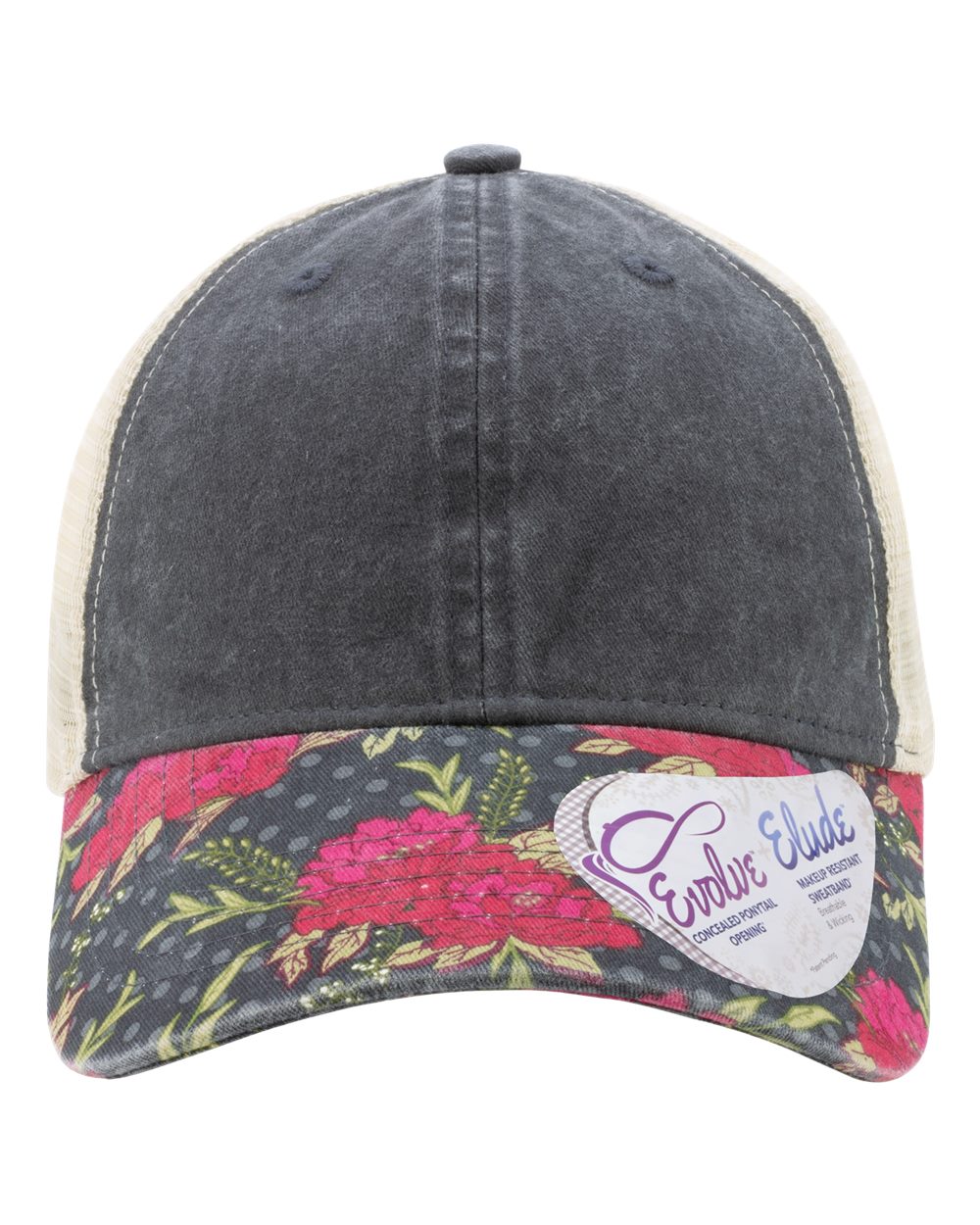 Front View of Black/ Floral/ Khaki Women's Printed Bill with Mesh Back Cap - JANET