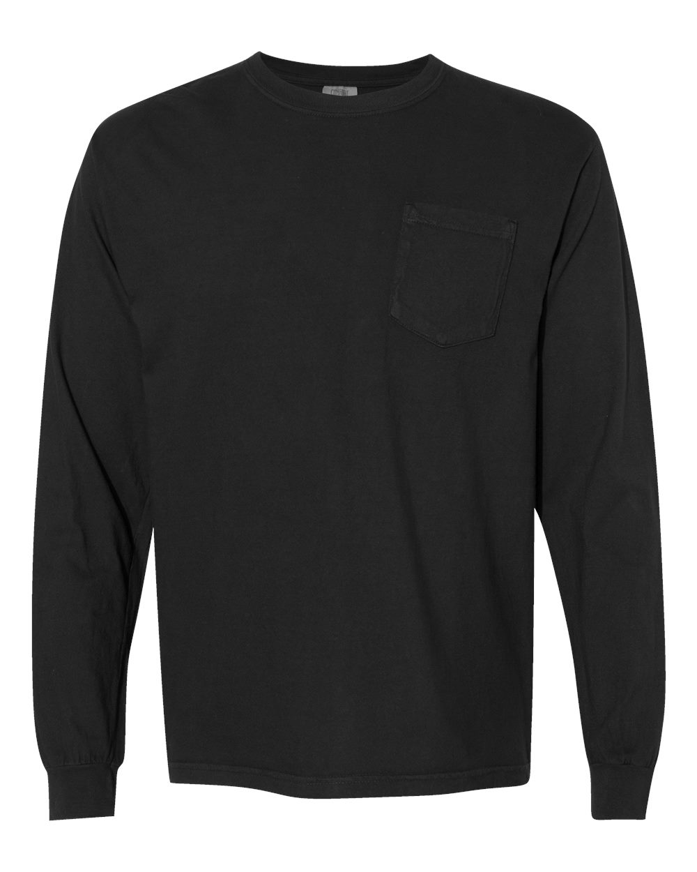 Front View of Black Garment-Dyed Heavyweight Long Sleeve Pocket T-Shirt - 4410