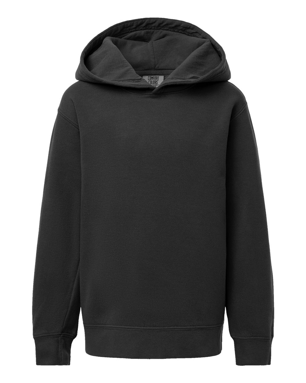 Front View of Black Garment-Dyed Youth Lightweight Fleece Hooded Sweatshirt - 1467Y