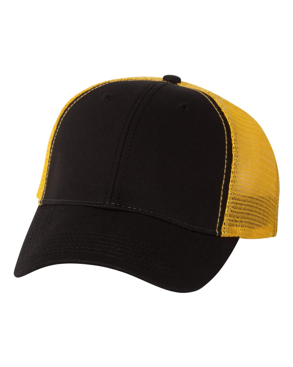 Front View of Black/ Gold Bio-Washed Trucker Cap - AH80