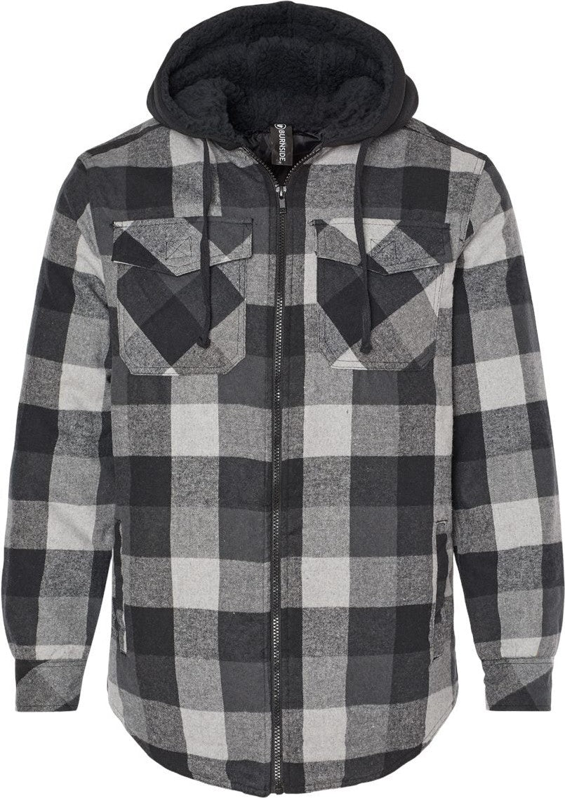 Front View of Black/ Grey Quilted Flannel Hooded Jacket - 8620