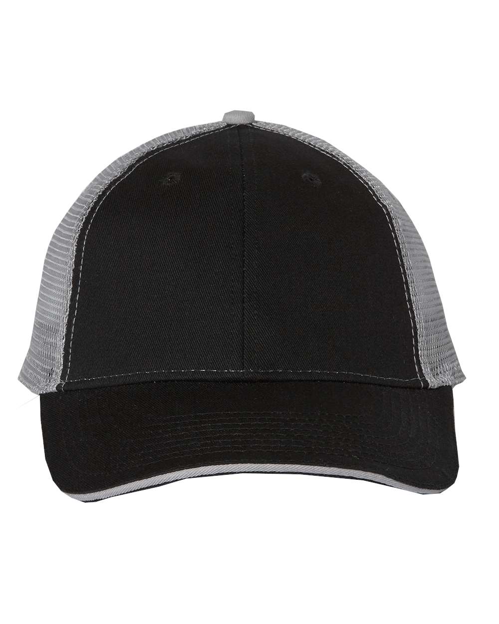 Front View of Black/ Grey Sandwich Trucker Cap - S102