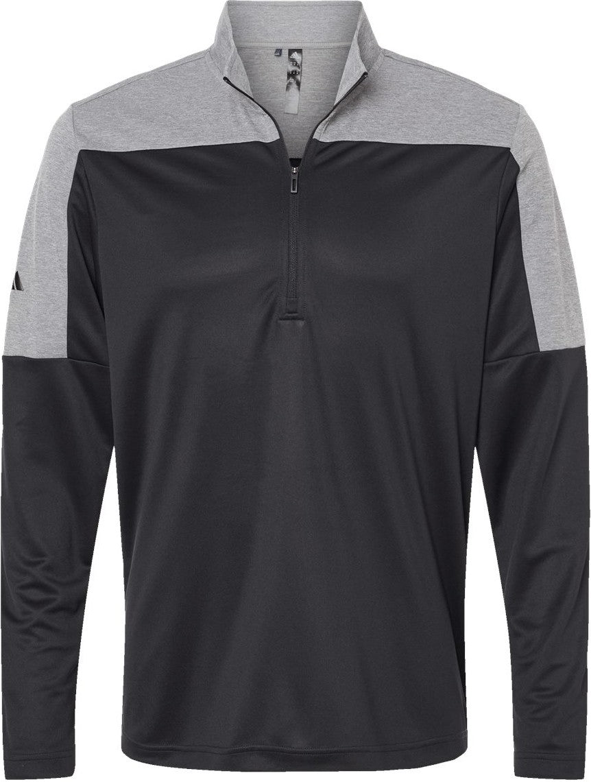 Front View of Black/ Grey Three Melange Lightweight Quarter-Zip Pullover - A552