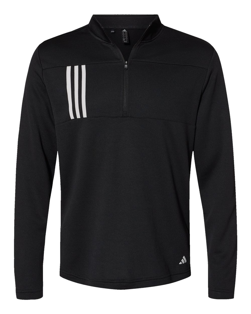 Front View of Black/ Grey Two 3-Stripes Double Knit Quarter-Zip Pullover - A482