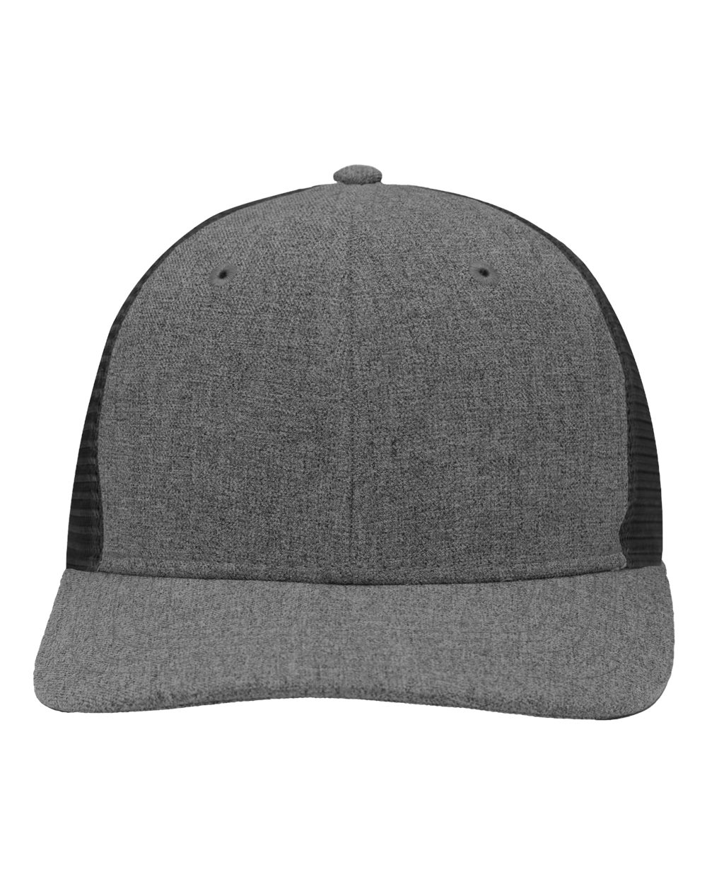 Front View of Black Heather/ Black Modern Six-Panel Trucker Fit Cap - SP1650