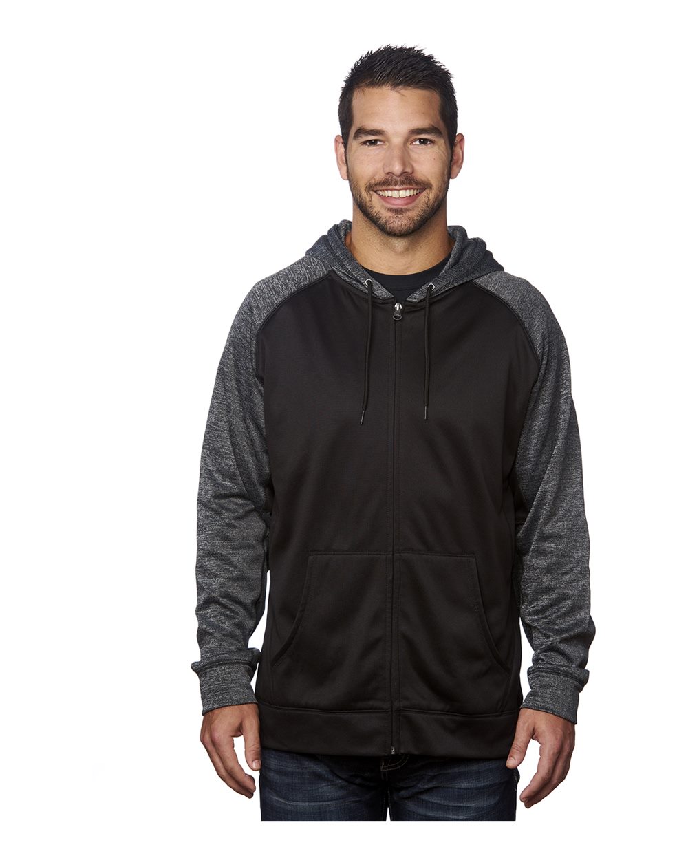Front View of Black/ Heather Charcoal Performance Raglan Full-Zip Sweatshirt - 8660