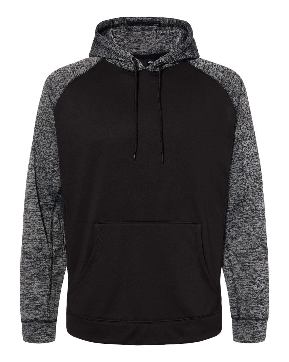 Front View of Black/ Heather Charcoal Performance Raglan Pullover Sweatshirt - 8670
