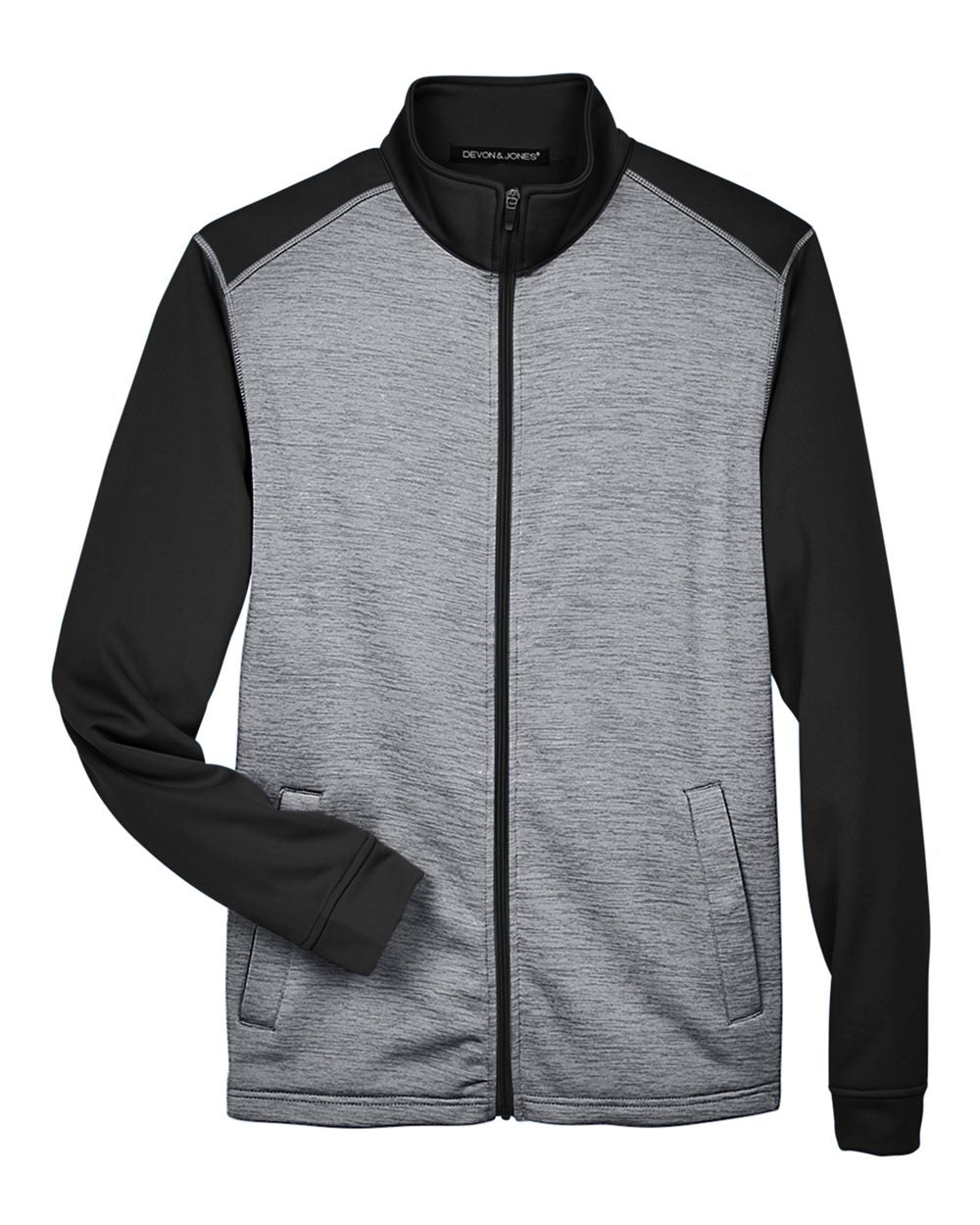 Front View of Black Heather/ Dark Grey Heather Men's Newbury Colorblock Mélange Fleece Full-Zip jacket - DG796