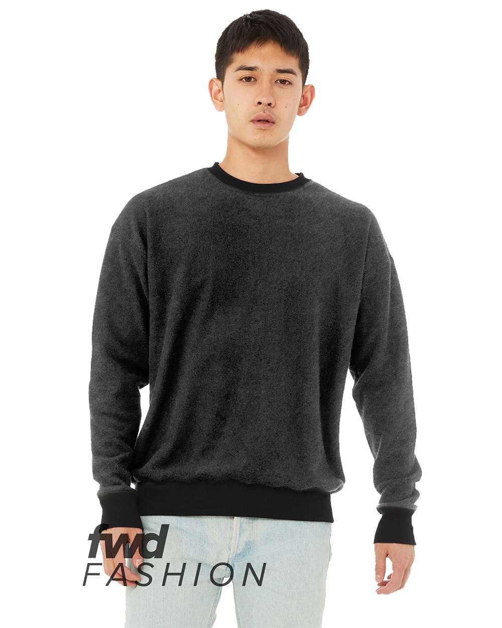 Front View of Black Heather FWD Fashion Sueded Drop Shoulder Sweatshirt - 3345