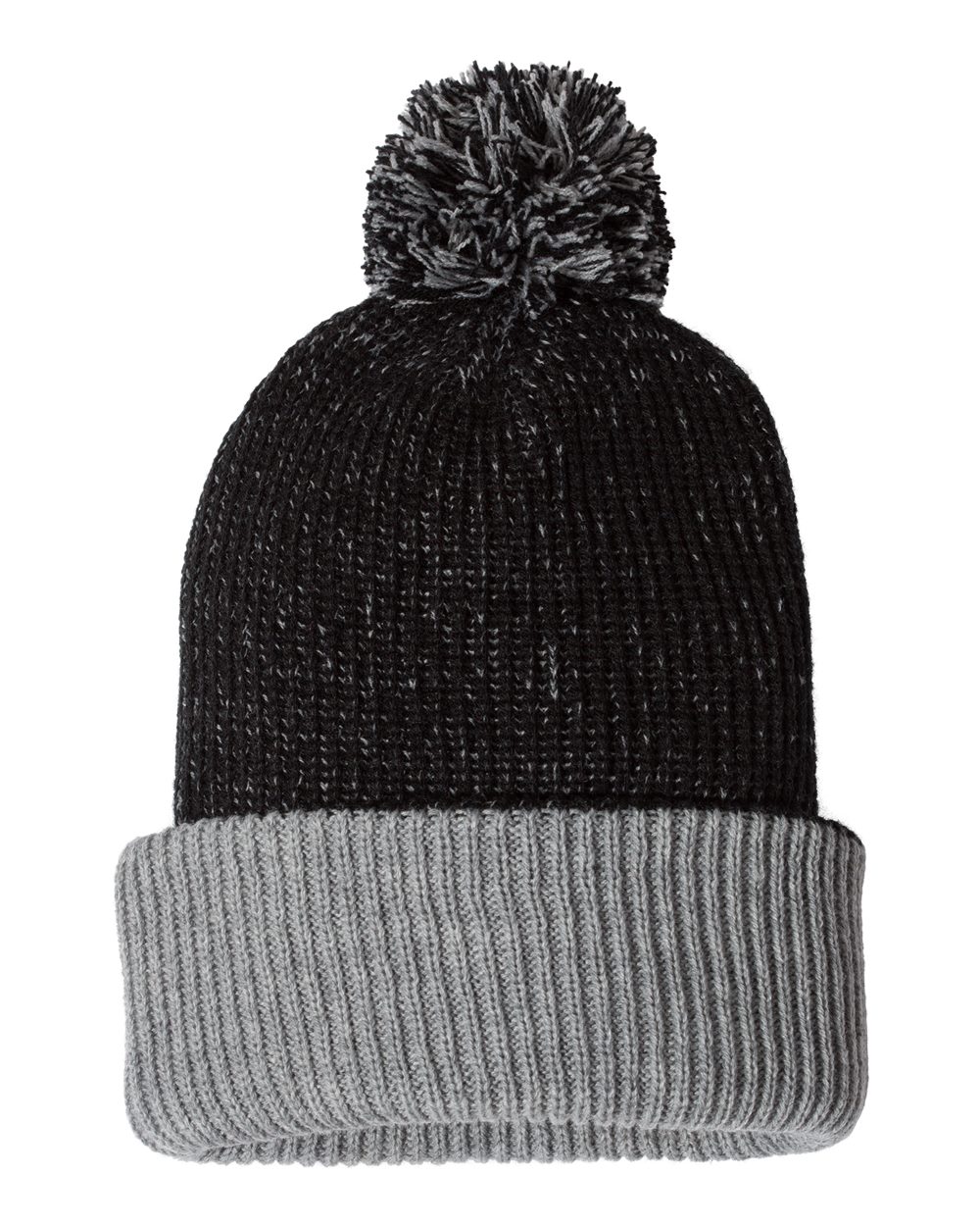 Front View of Black/ Heather Grey 12" Speckled Pom-Pom Cuffed Beanie - SP70