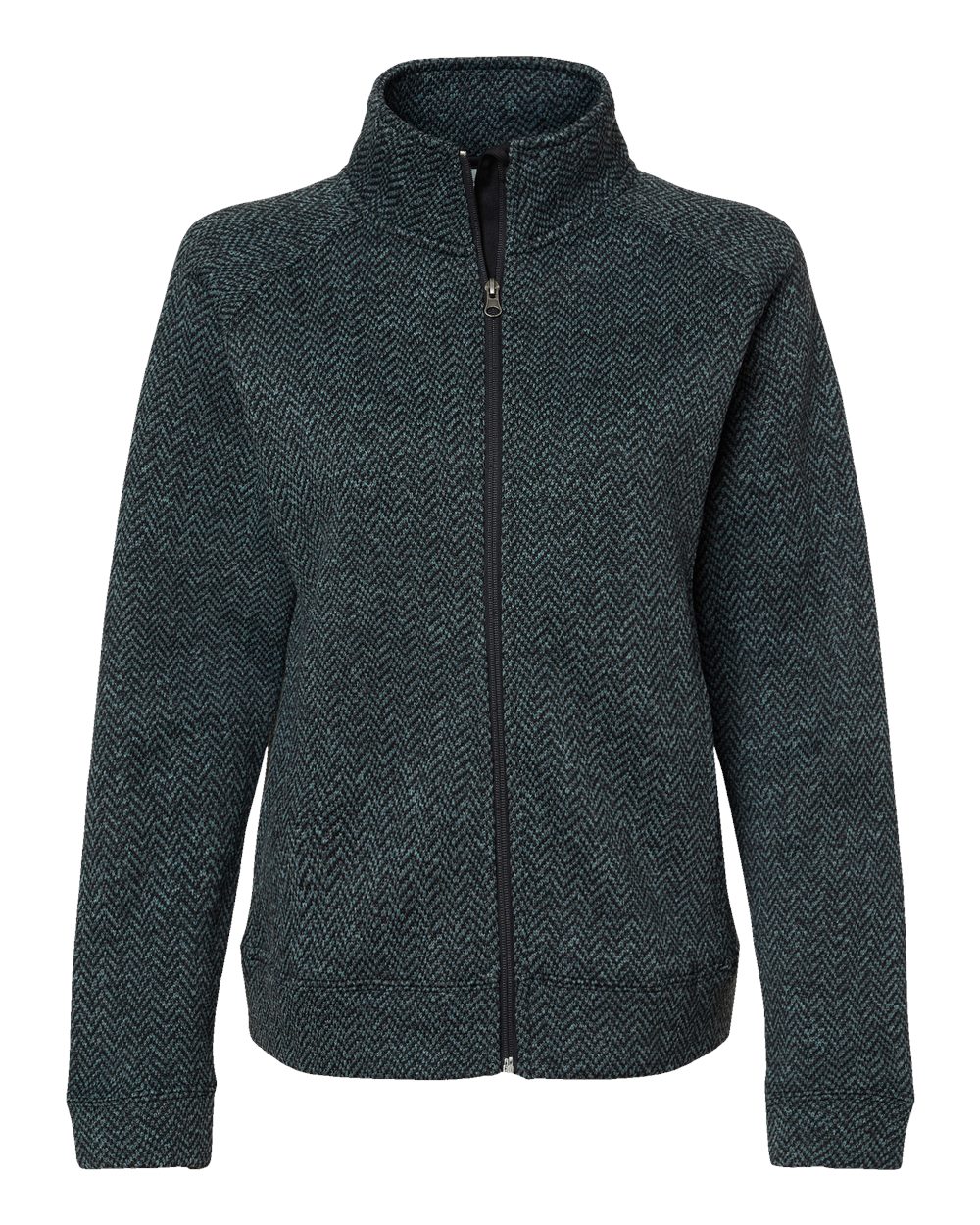 Front View of Black Herringbone Women's Traverse Full-Zip Sweater - 8716