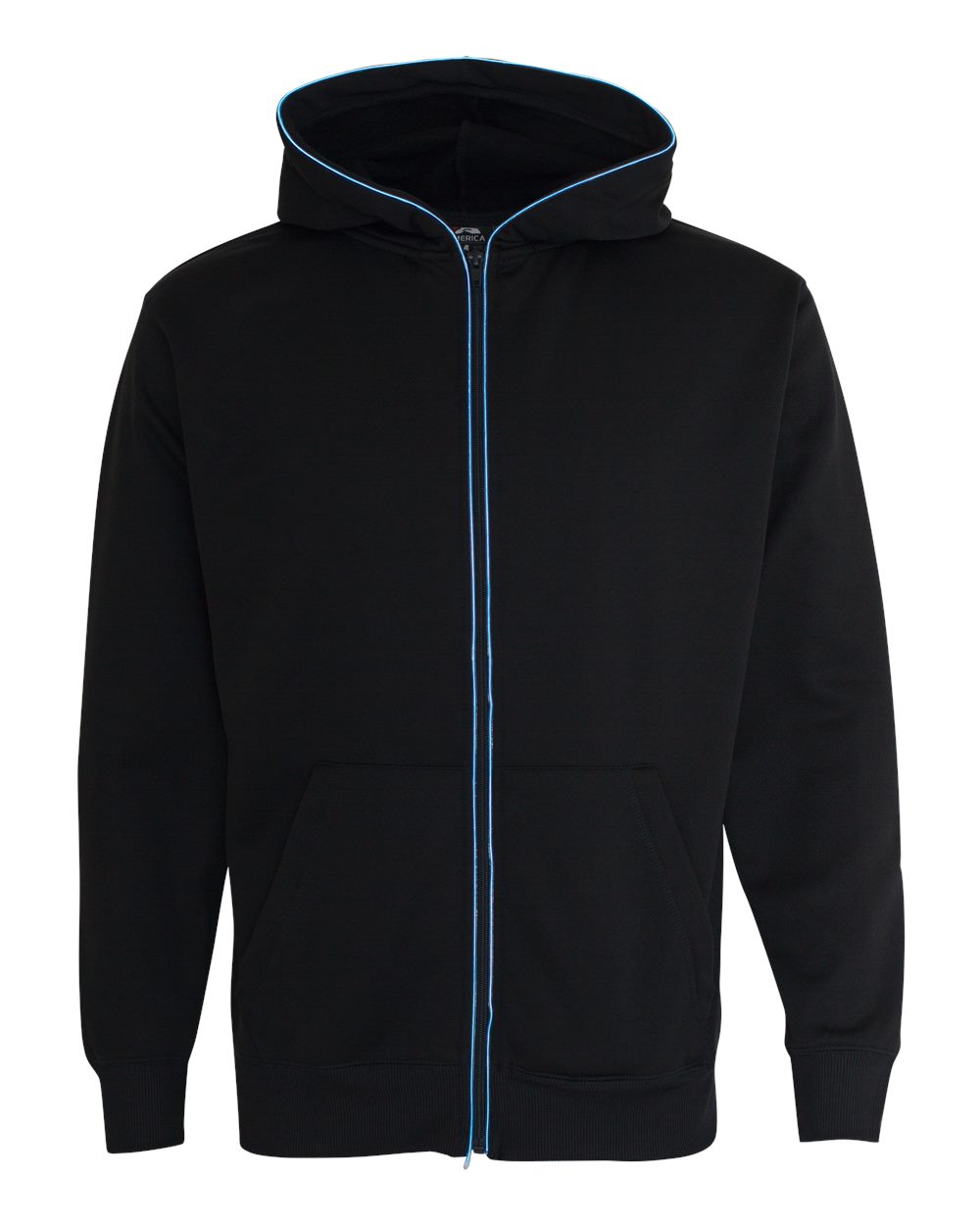 Front View of Black/ Ice Blue Glow Full-Zip Hooded Sweatshirt - 8668