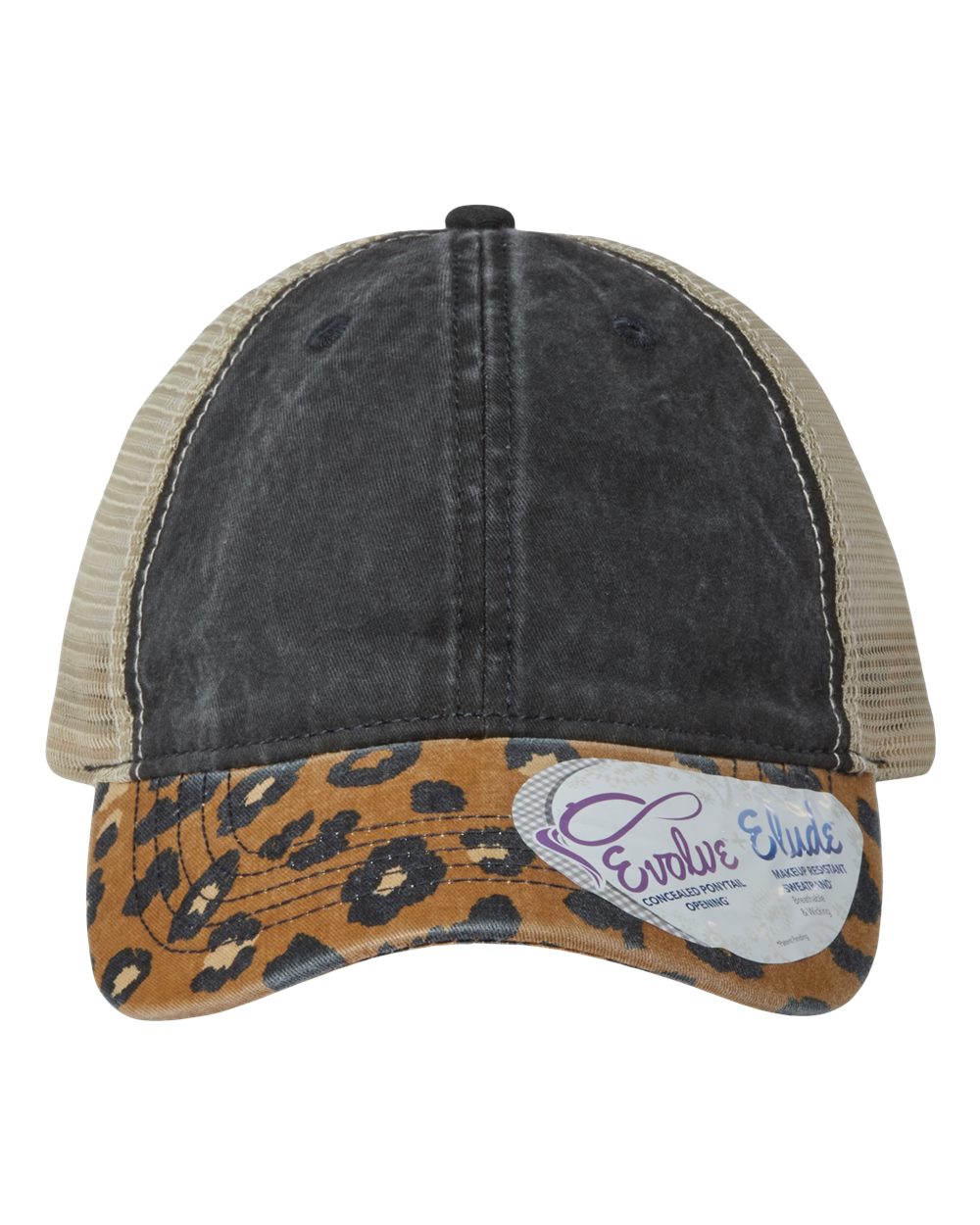 Front View of Black/ Leopard/ Khaki Women's Printed Bill with Mesh Back Cap - JANET